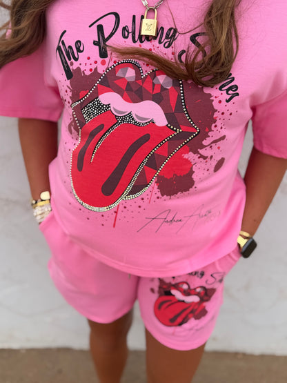 Pink Rolling Stones Two Piece Short Set