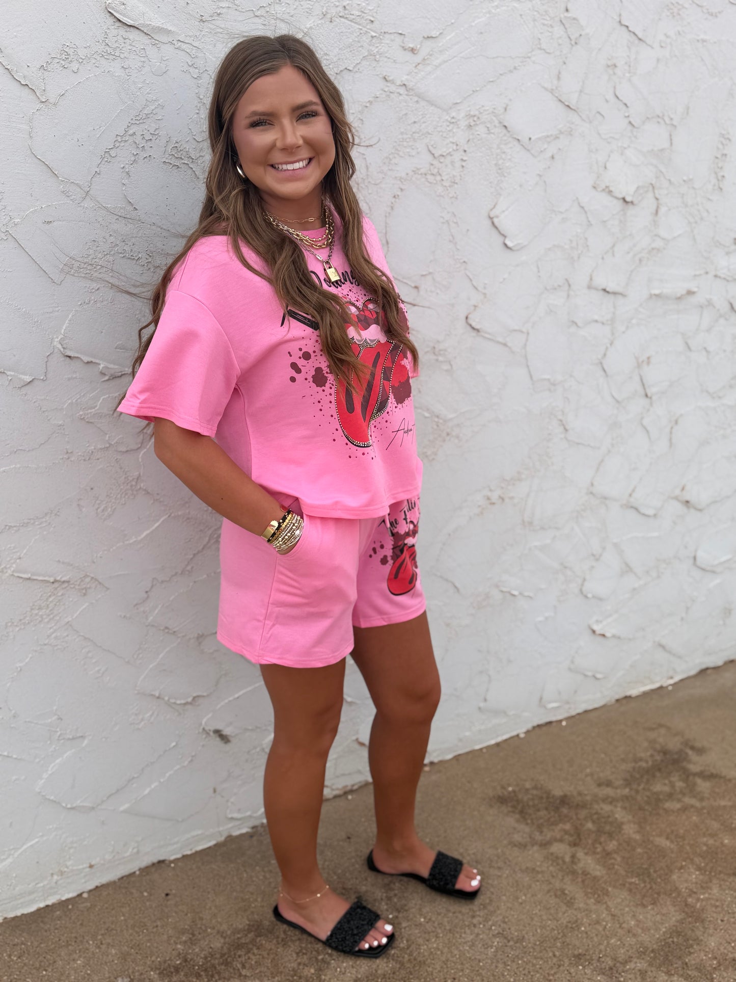 Pink Rolling Stones Two Piece Short Set