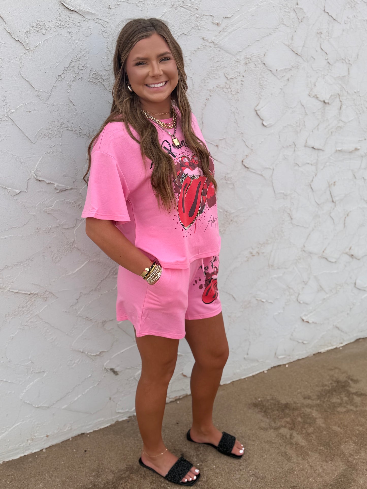 Pink Rolling Stones Two Piece Short Set