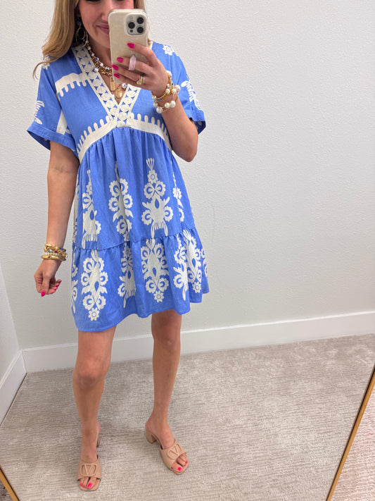 Sky Blue with White Design Dress