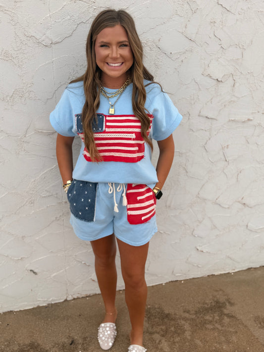 American Flag Patched Washed Casual Set