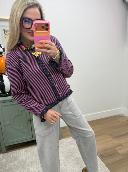 Pink & Navy Polka Dot Trim Stripe Button Up Cardigan