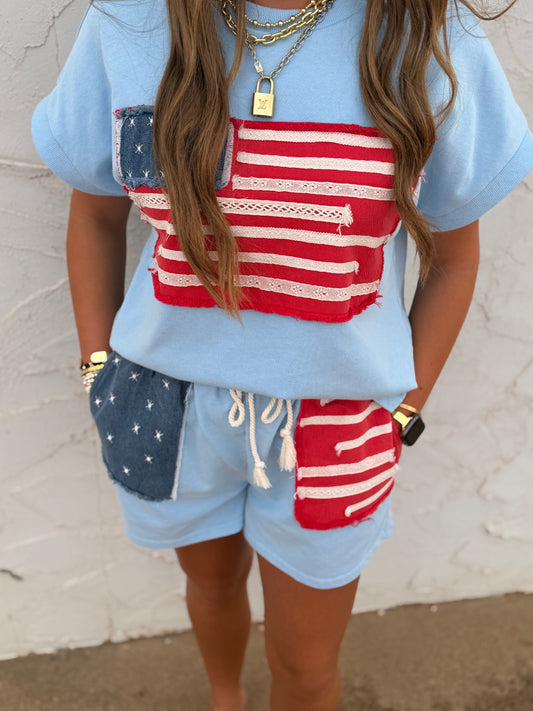 American Flag Patched Washed Casual Set
