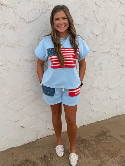 American Flag Patched Washed Casual Set