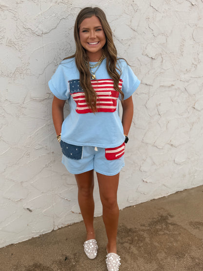 American Flag Patched Washed Casual Set