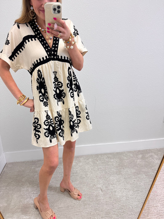 Cream and Black V-Neck Woven Mini Dress