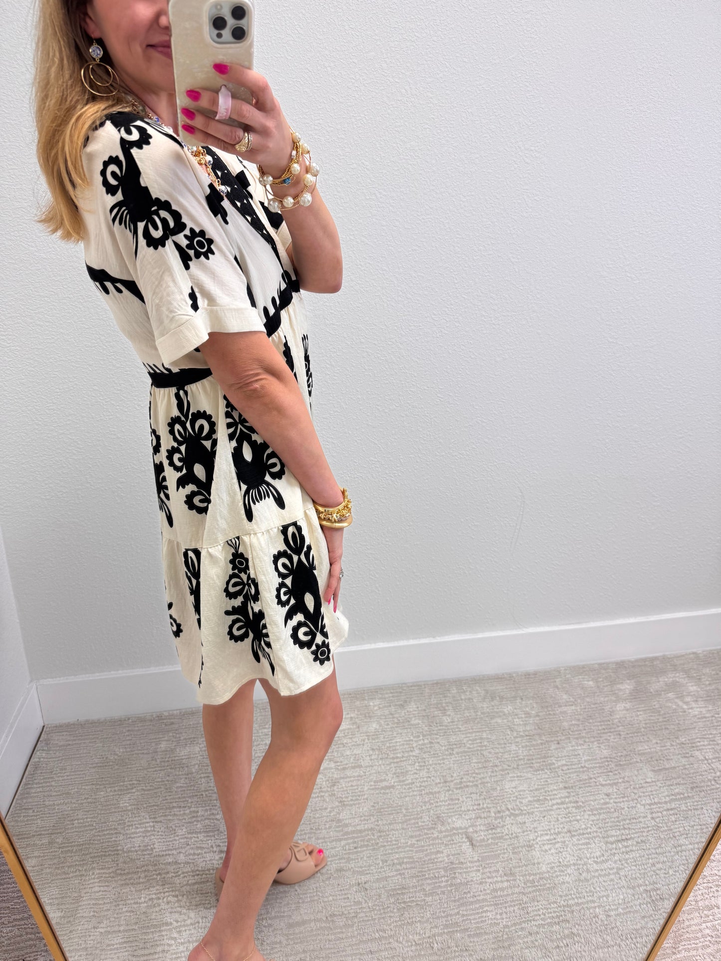 Cream and Black V-Neck Woven Mini Dress
