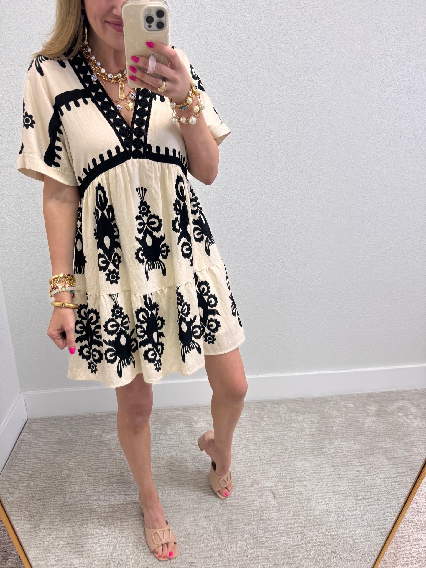 Cream and Black V-Neck Woven Mini Dress