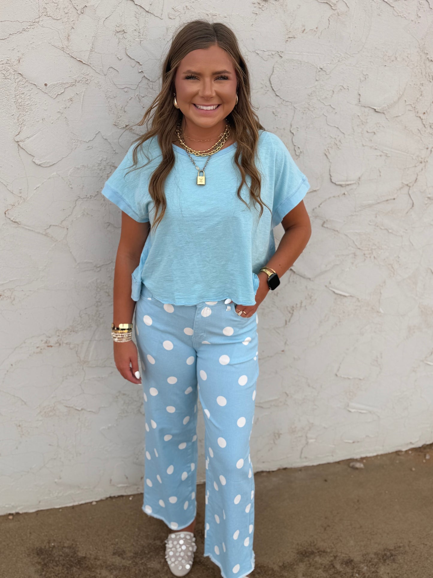 Light Blue Polka Dot Frayed Edge High Waist Jeans