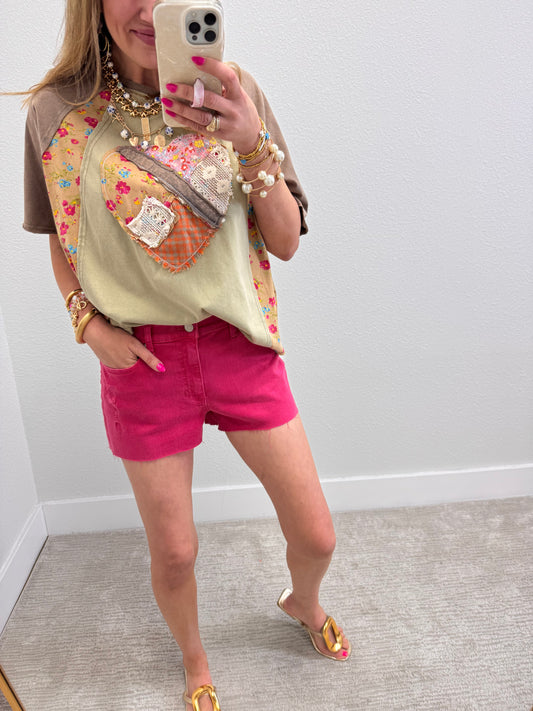 Faded Olive Heart Patch Top