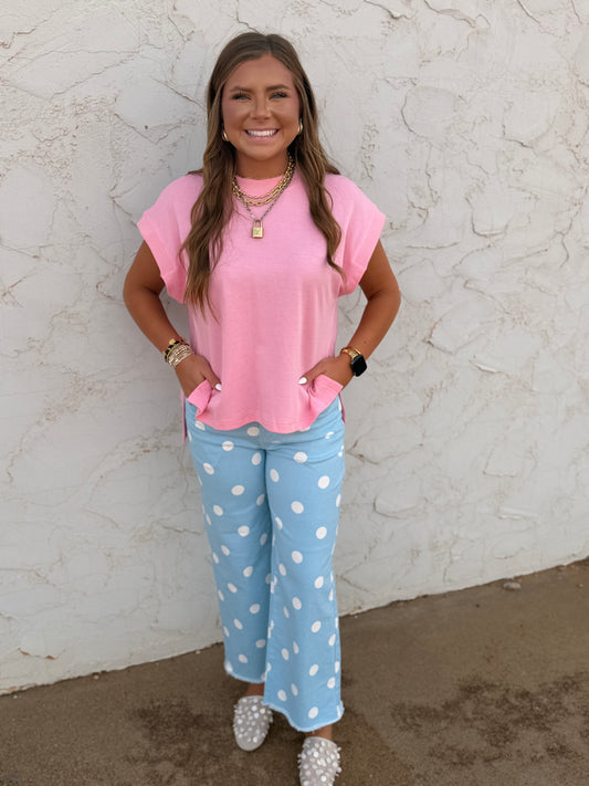 Pink High Neck Cap Sleeve Top