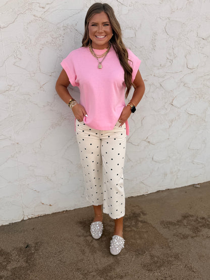 Cream & Black Polka Dot Twill Denim Straight Fit Pants