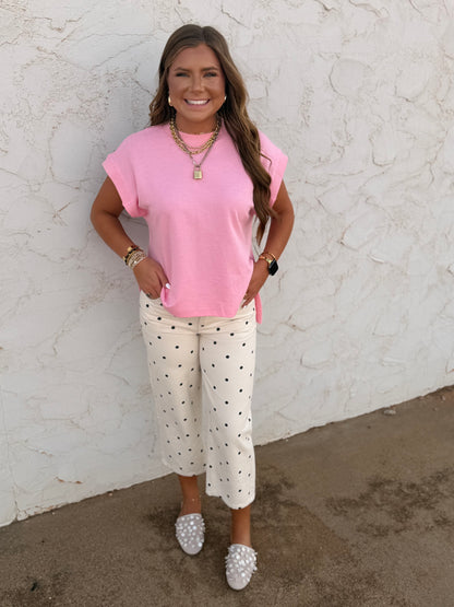 Cream & Black Polka Dot Twill Denim Straight Fit Pants