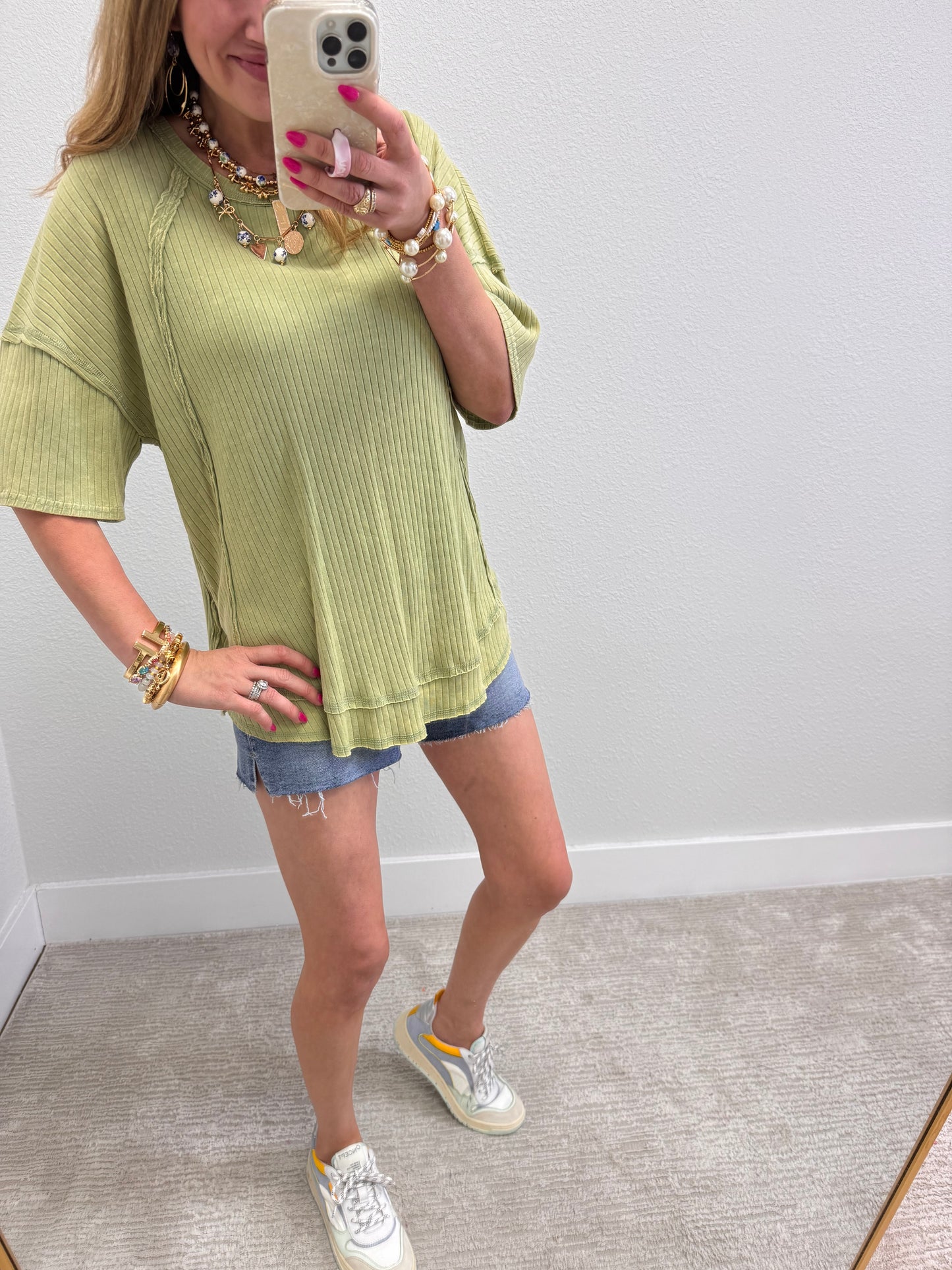 Sage Mineral Washed Ribbed Knit Top