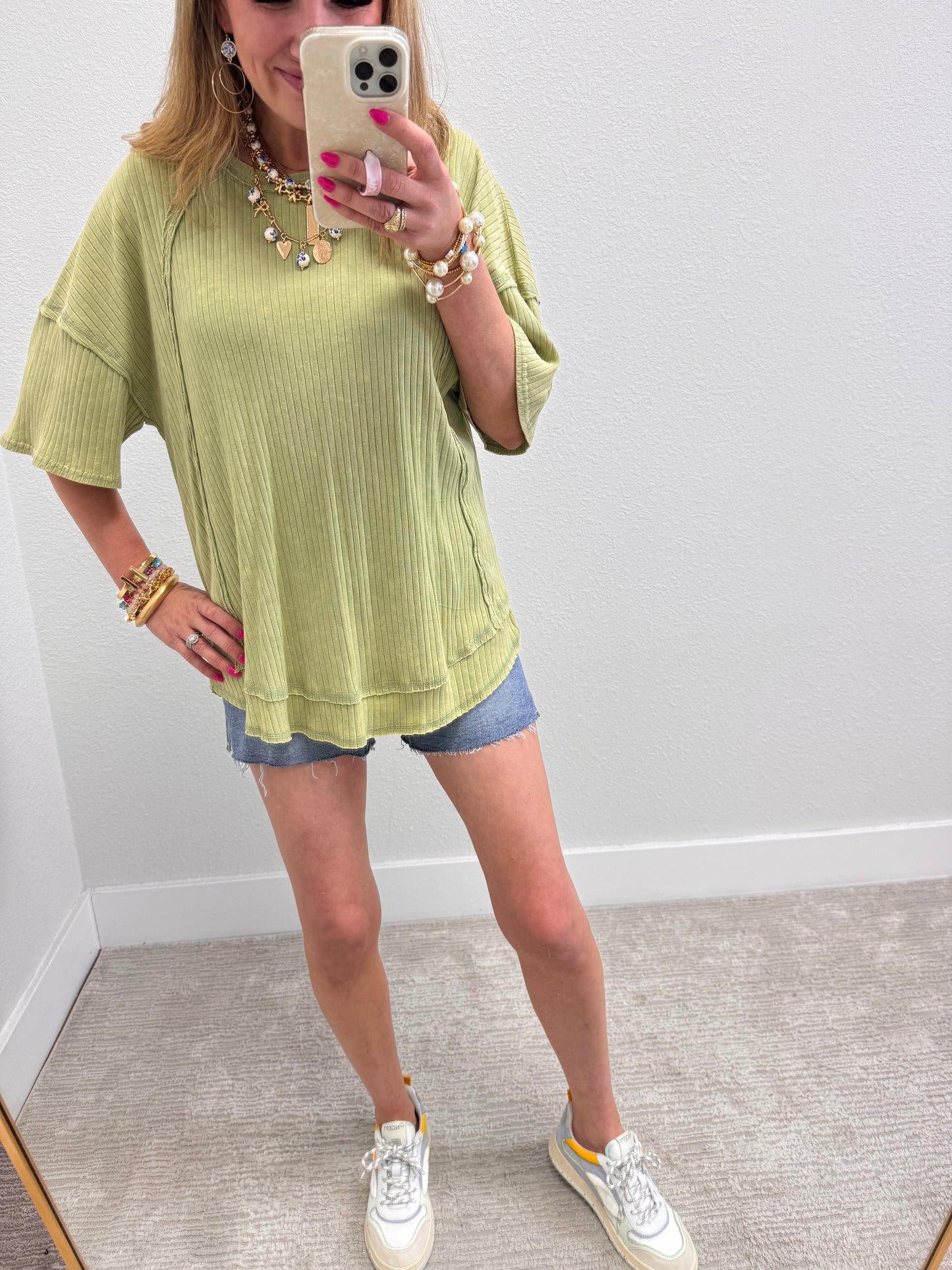 Sage Mineral Washed Ribbed Knit Top