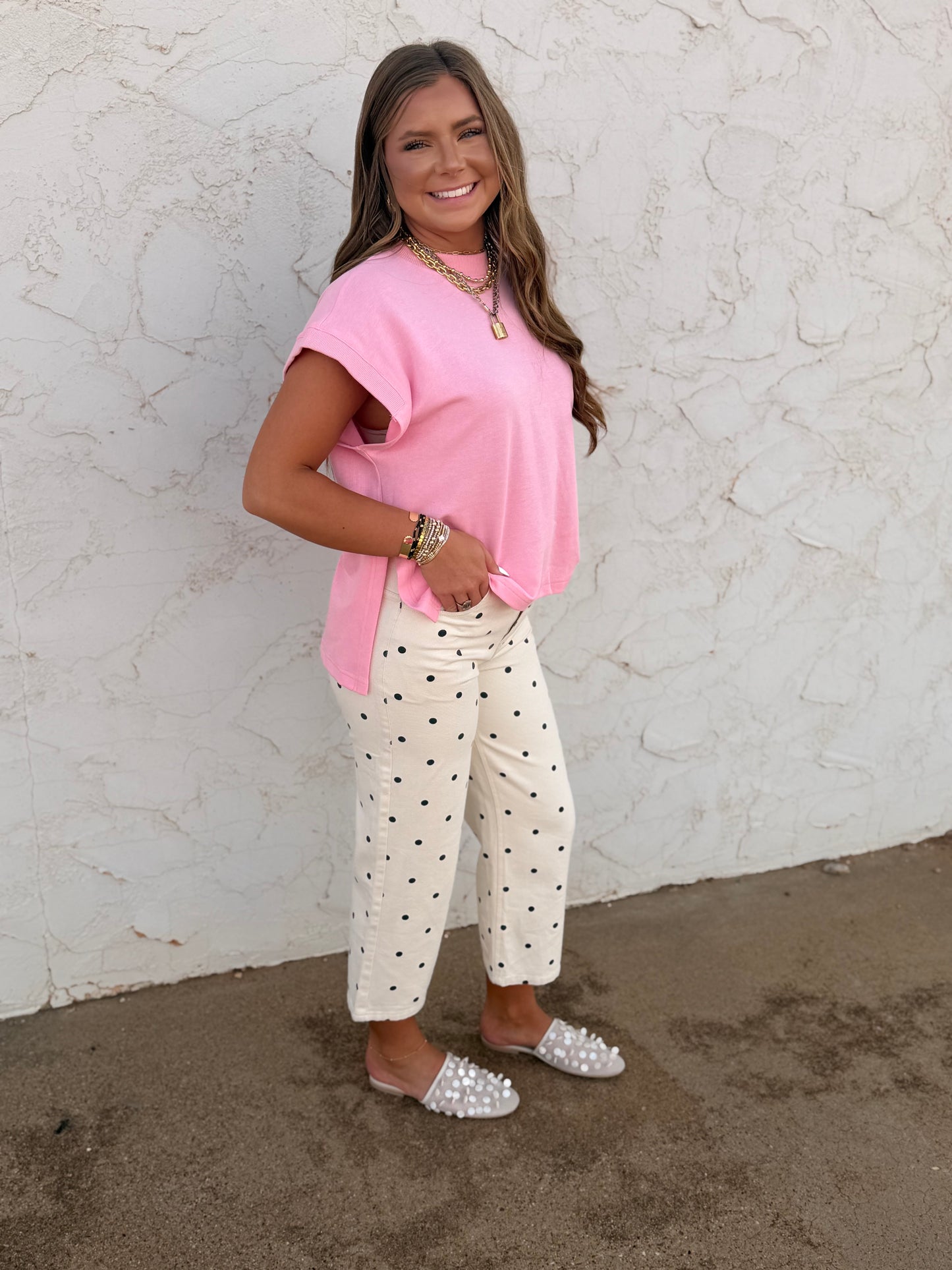 Cream & Black Polka Dot Twill Denim Straight Fit Pants