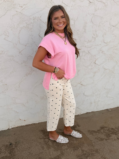 Cream & Black Polka Dot Twill Denim Straight Fit Pants
