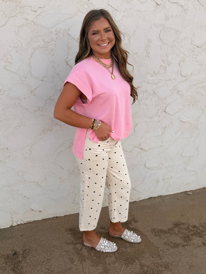 Cream & Black Polka Dot Twill Denim Straight Fit Pants