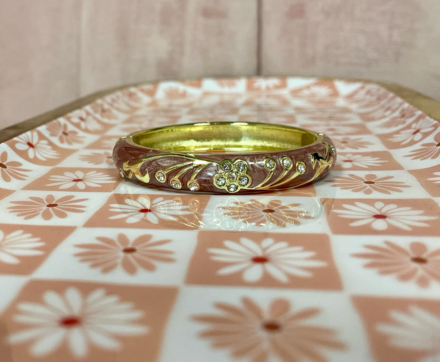 Purple Marble Flower Diamond Clasp Bangle Bracelet (2.5in)