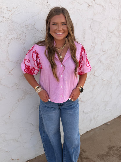Red Stripe Embroidery Puff Sleeve Blouse