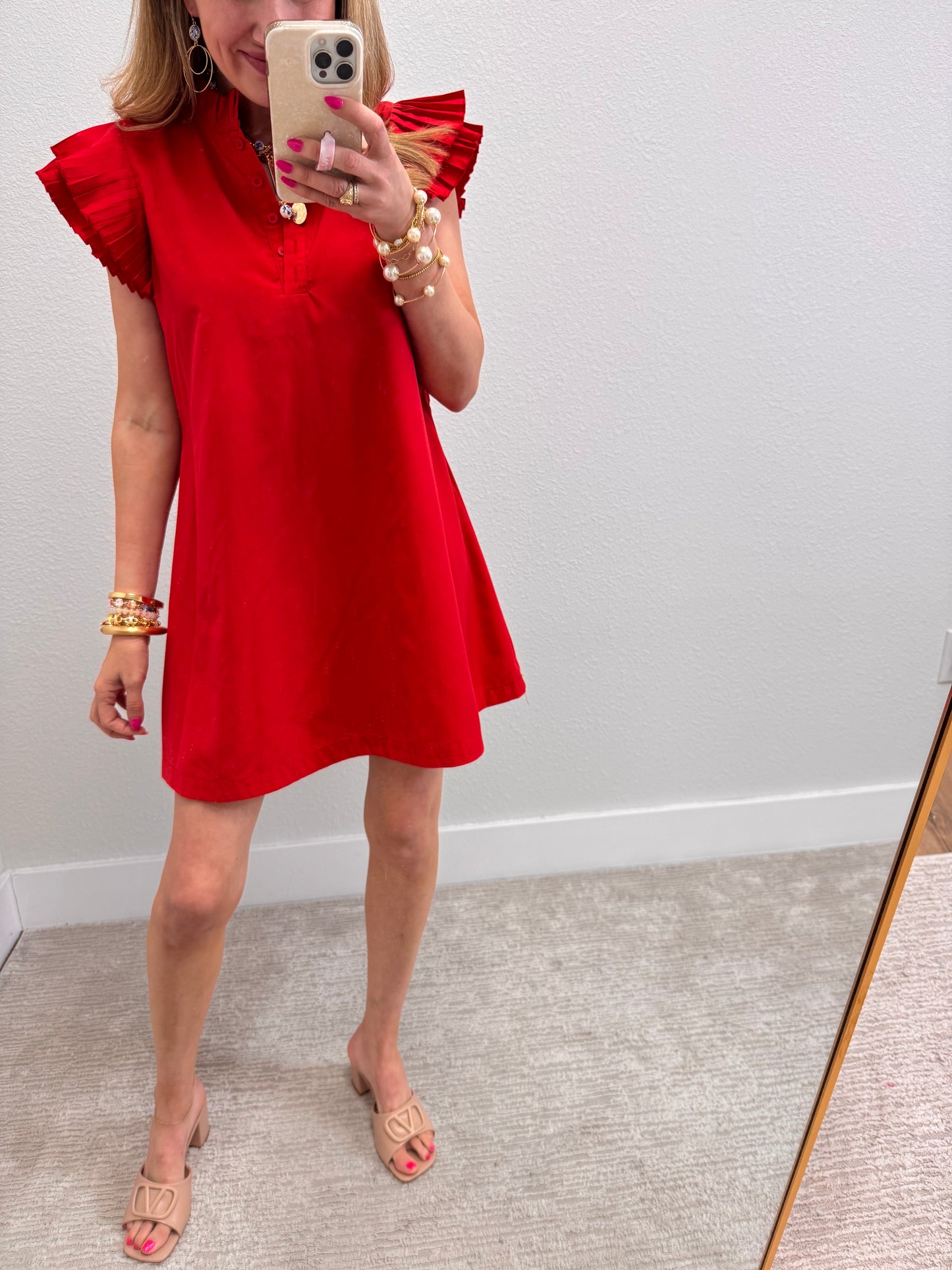 Red Ruffle Sleeve Tie Back Dress