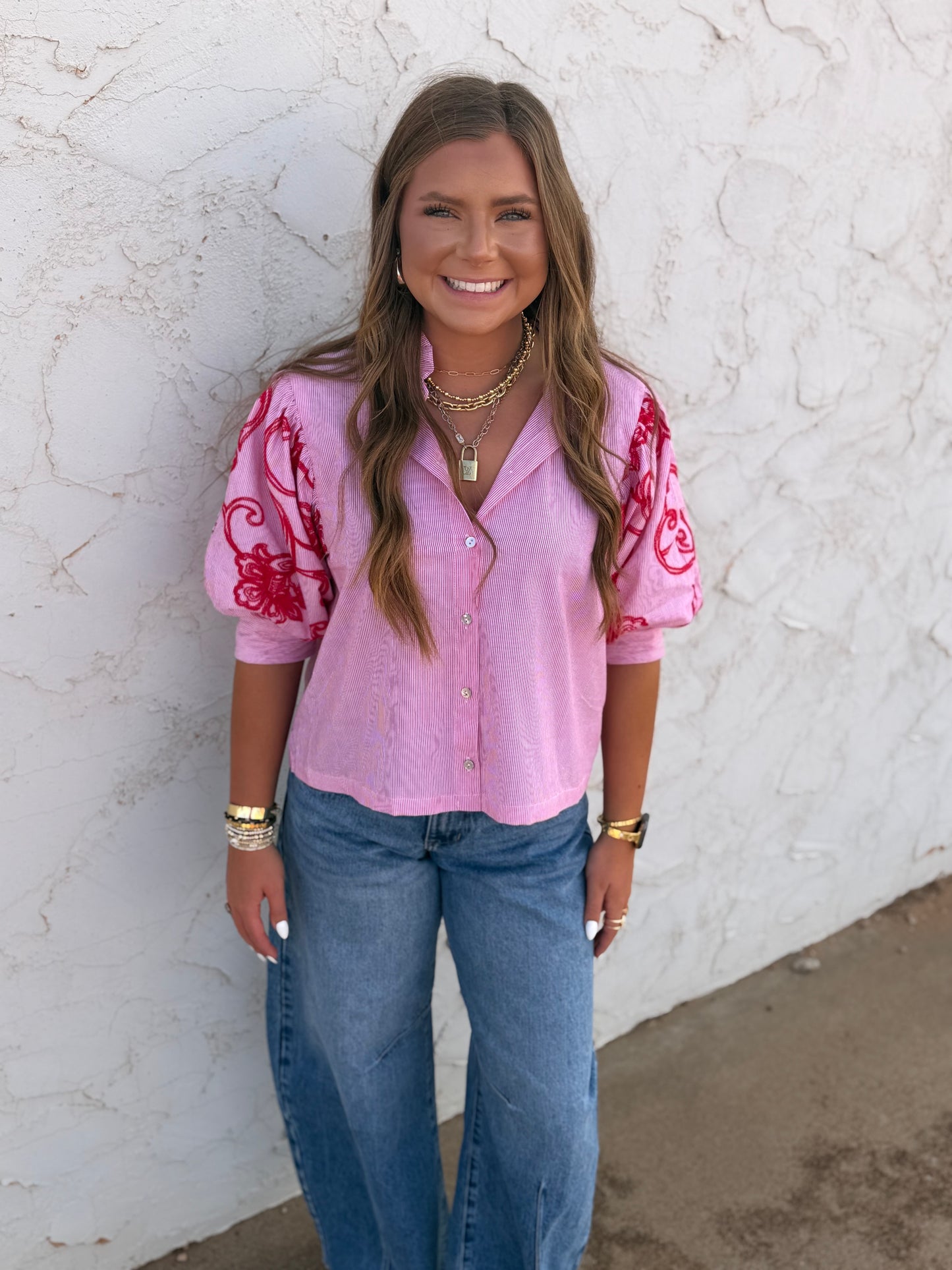 Red Stripe Embroidery Puff Sleeve Blouse