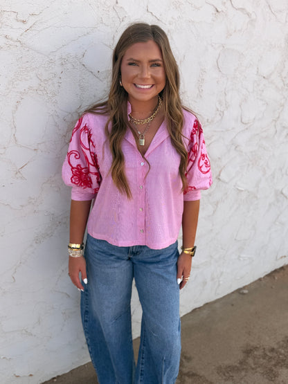 Red Stripe Embroidery Puff Sleeve Blouse