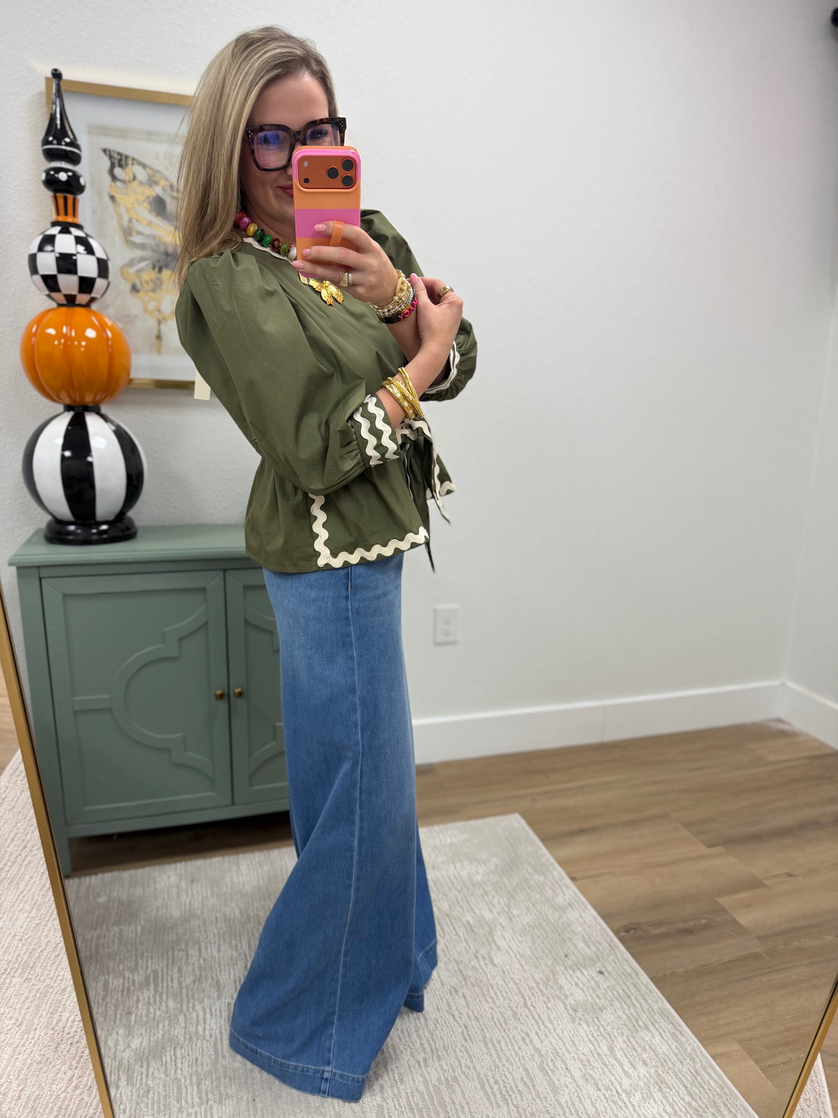Olive ¾ puff Sleeve Ric Rac Detailed Top with Bow