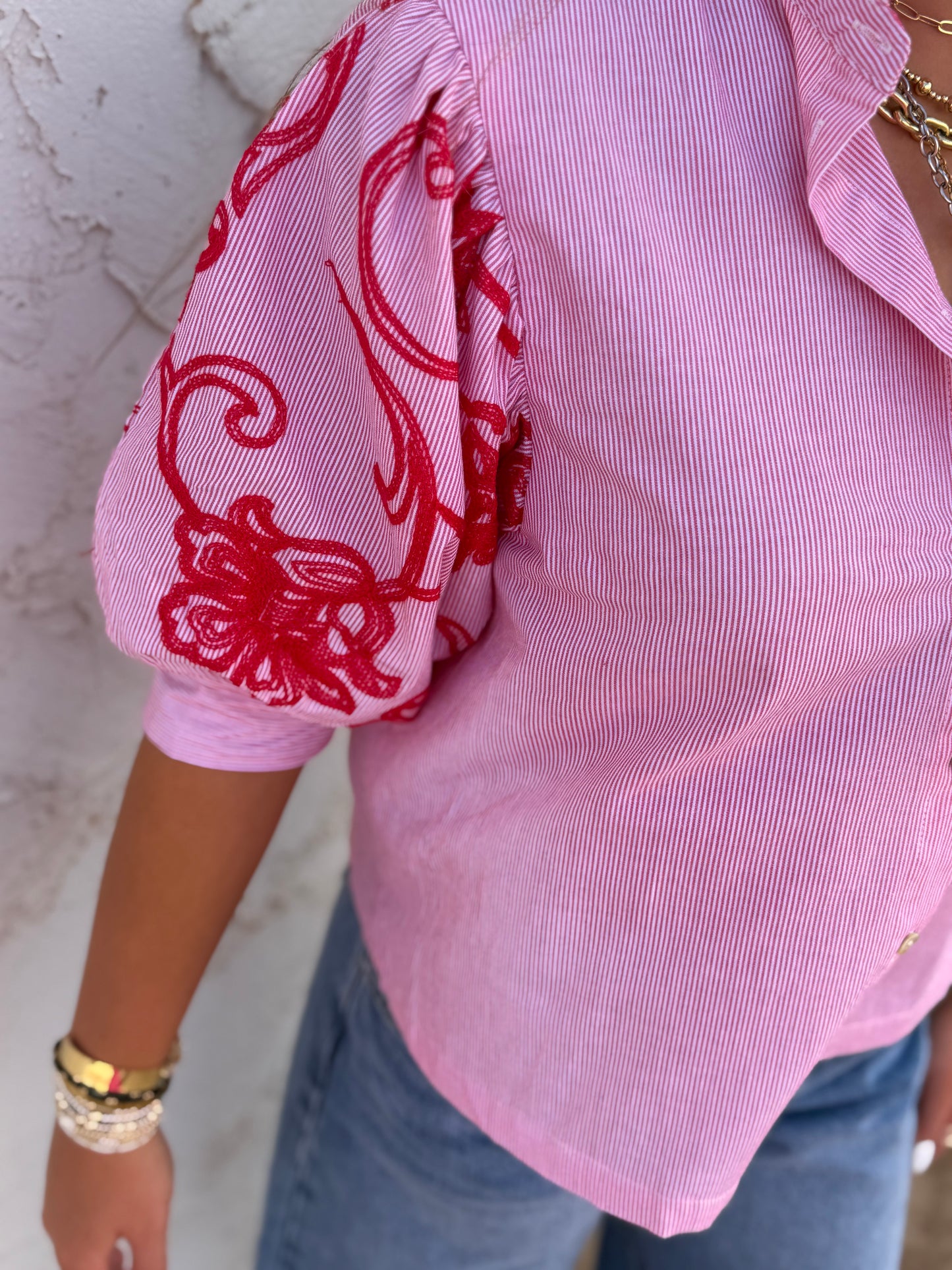Red Stripe Embroidery Puff Sleeve Blouse