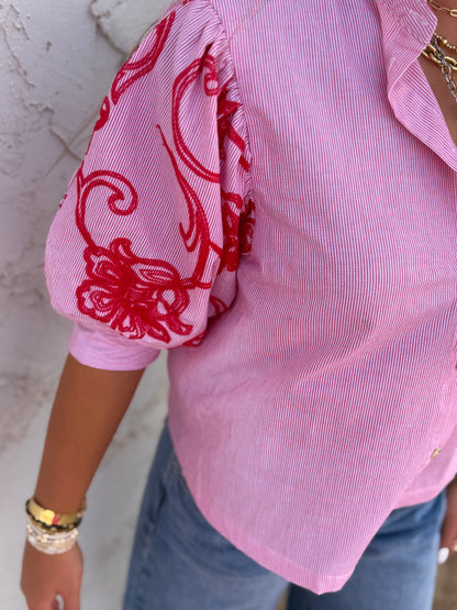 Red Stripe Embroidery Puff Sleeve Blouse