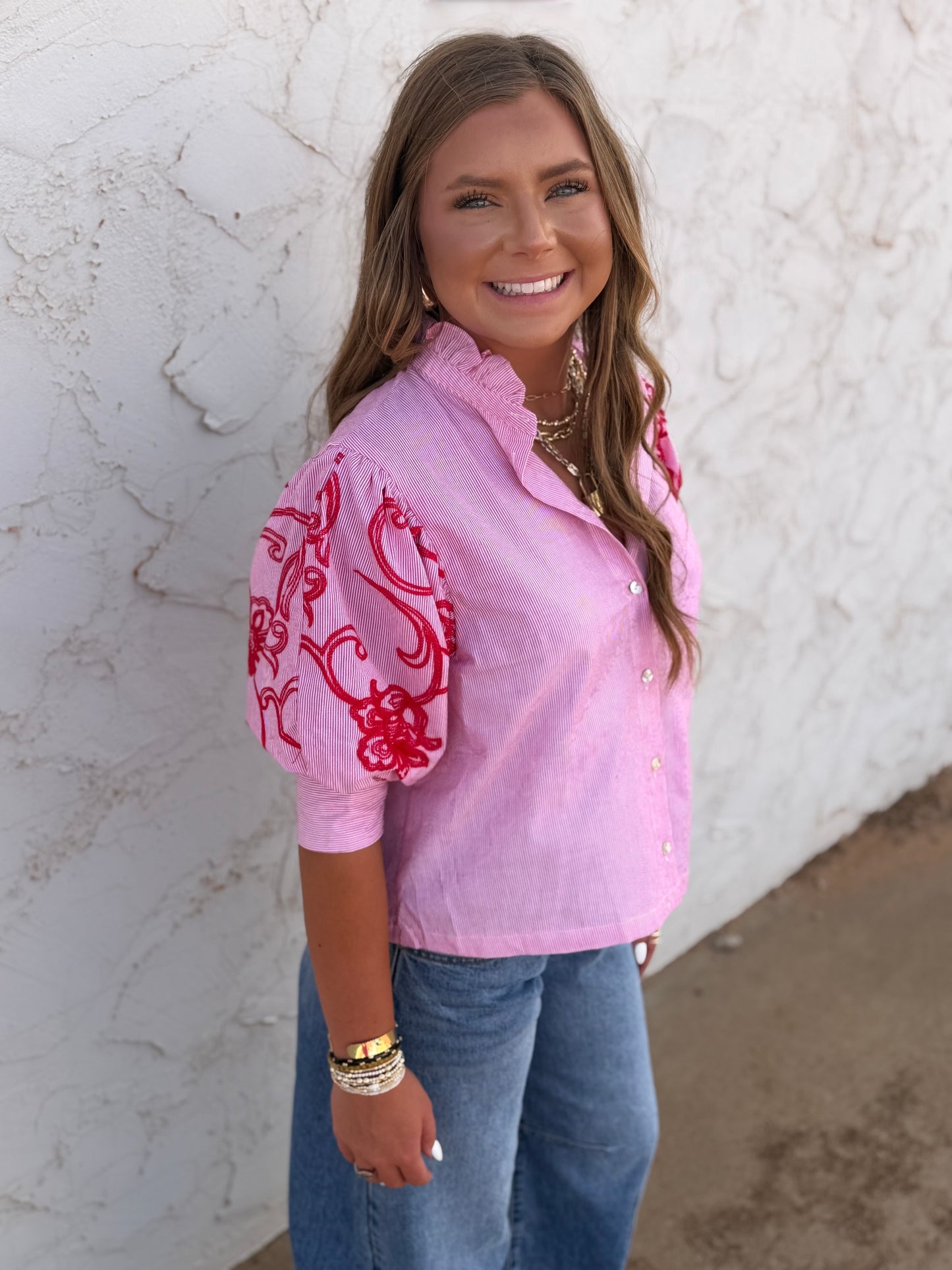 Red Stripe Embroidery Puff Sleeve Blouse