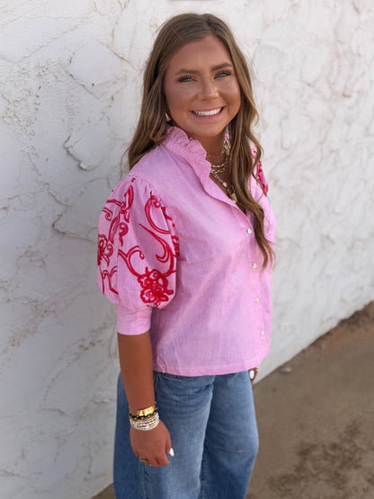 Red Stripe Embroidery Puff Sleeve Blouse