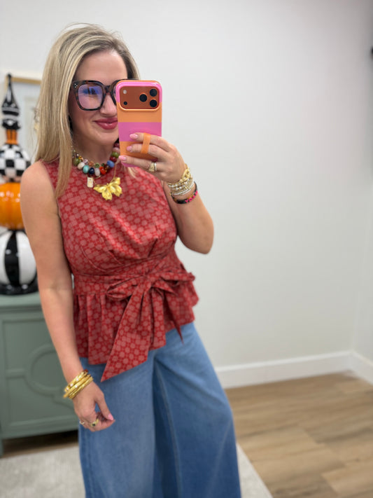 Rust Geometric Print Sleeveless Top with Bow