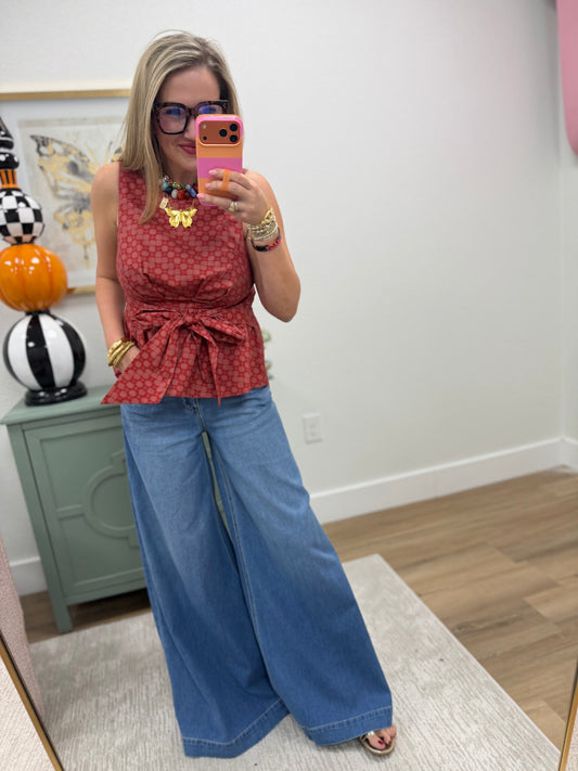Rust Geometric Print Sleeveless Top with Bow