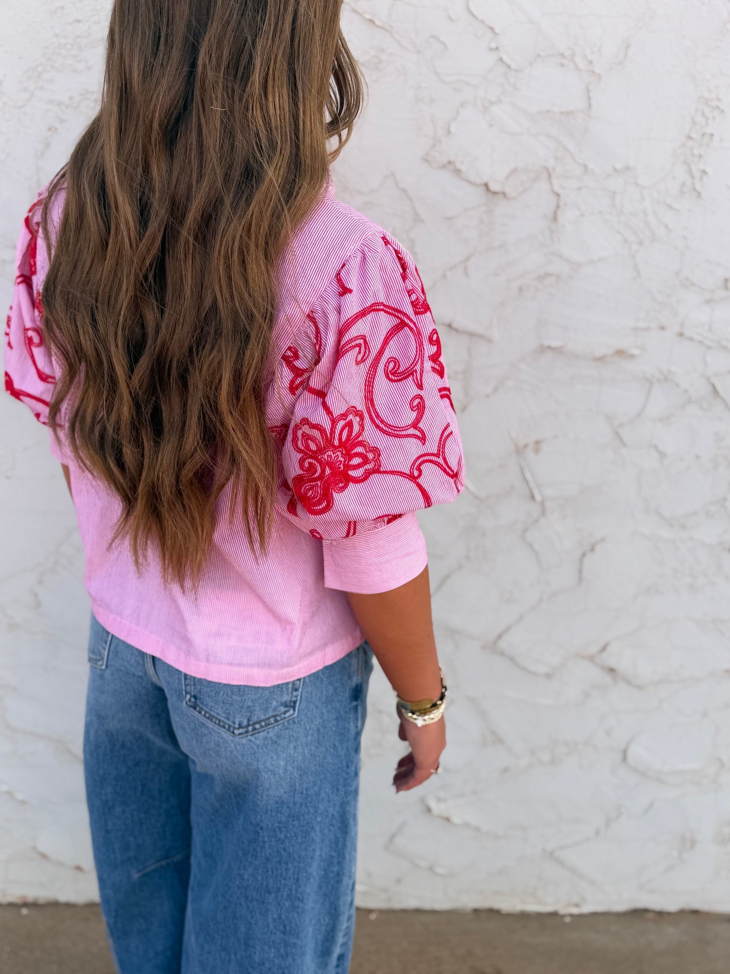 Red Stripe Embroidery Puff Sleeve Blouse