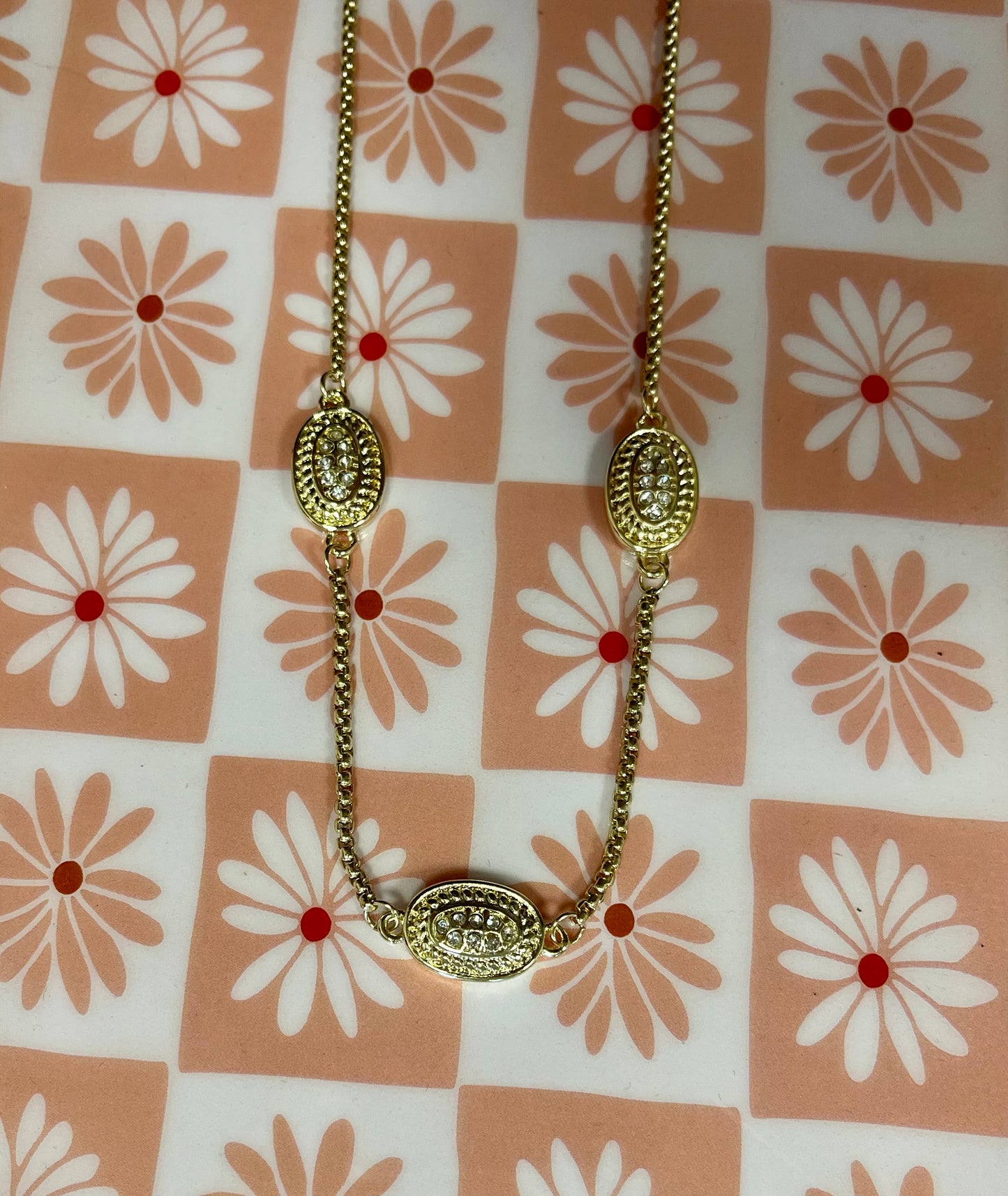 Three Oval Crystal Gold Necklace
