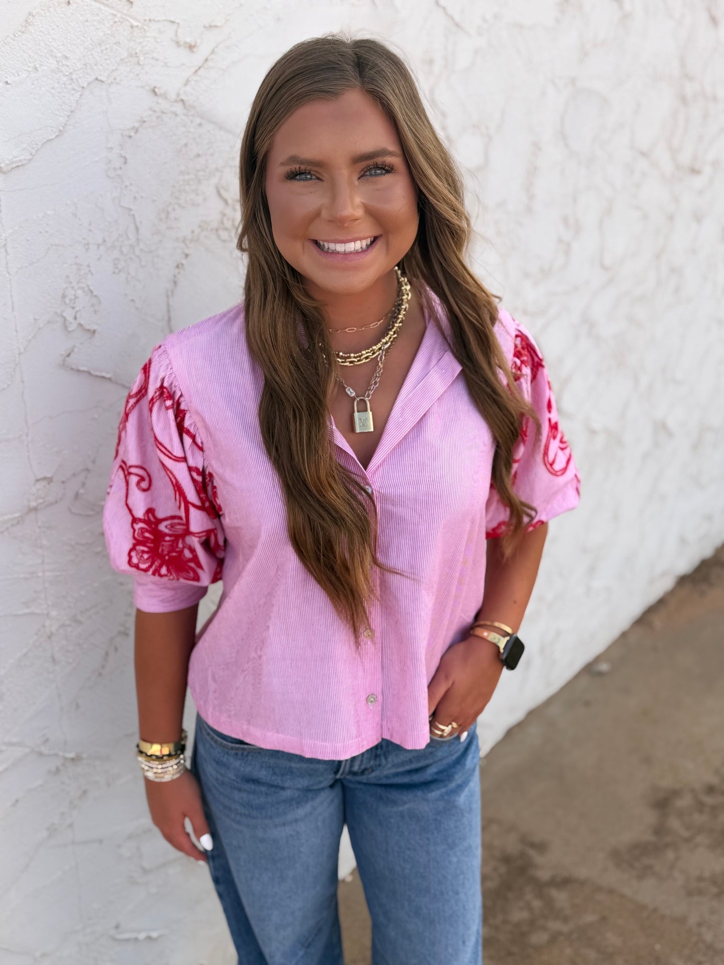 Red Stripe Embroidery Puff Sleeve Blouse