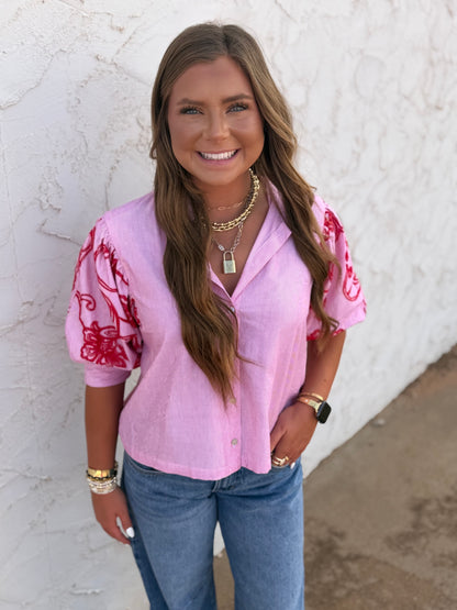 Red Stripe Embroidery Puff Sleeve Blouse