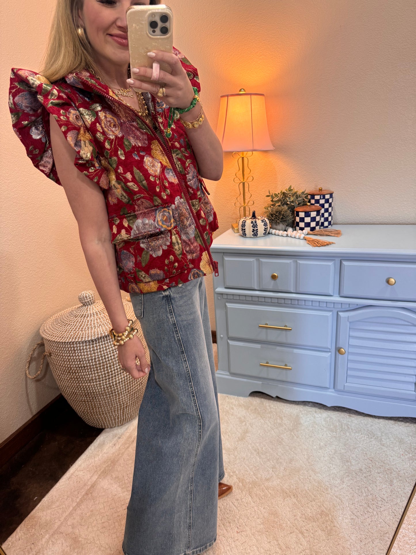 Burgundy Front Zip Up Floral Jacquard Vest