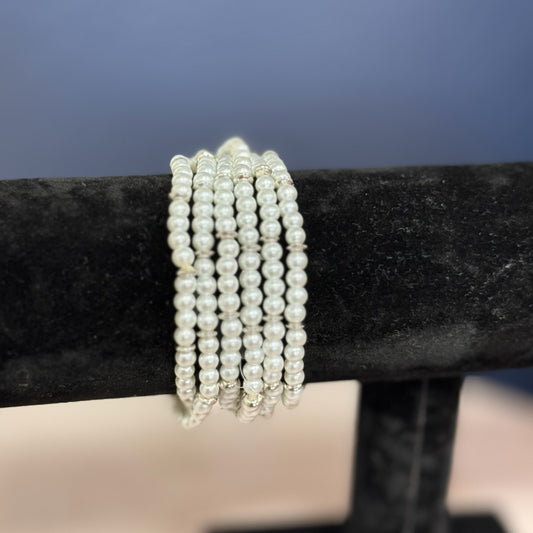 Set of 5 Pearl and Silver Bead Bracelet
