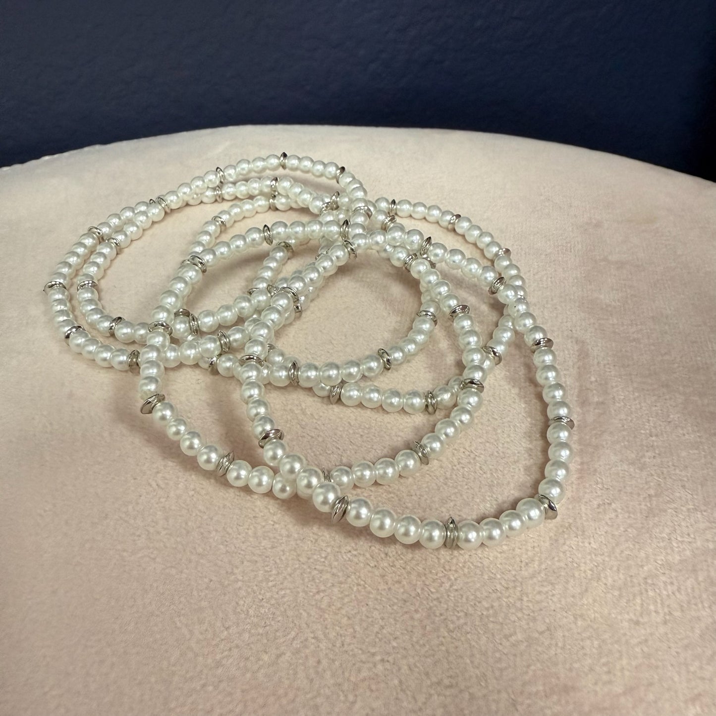 Set of 5 Pearl and Silver Bead Bracelet