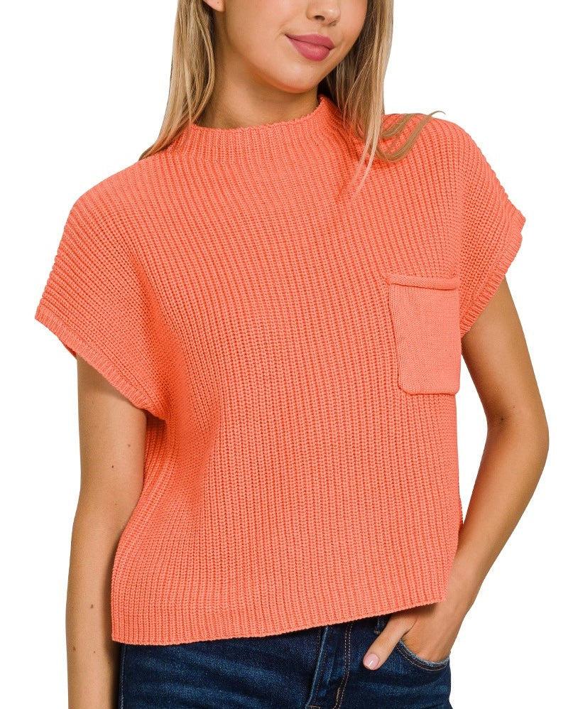 Coral Orange Cropped Short Sleeve Sweater Top
