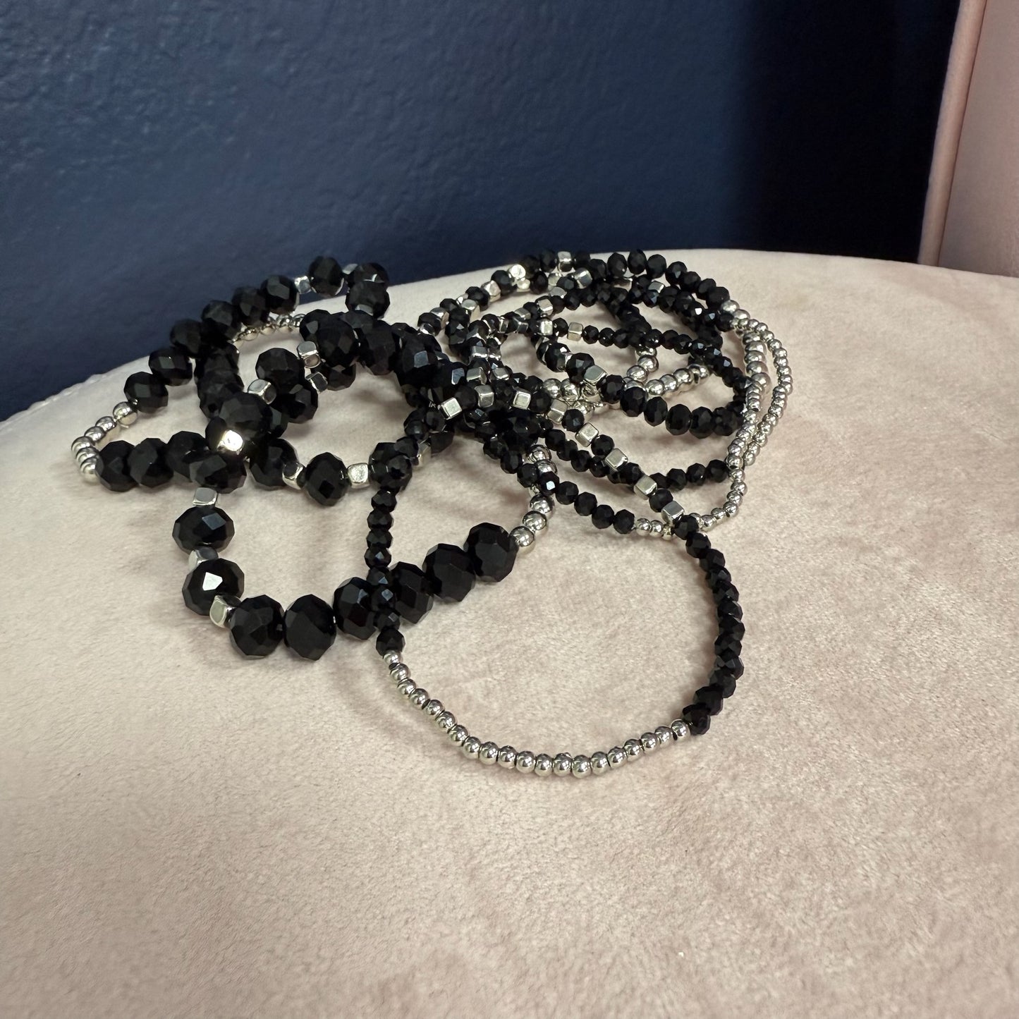 Set of 9 Black and Silver bead bracelet