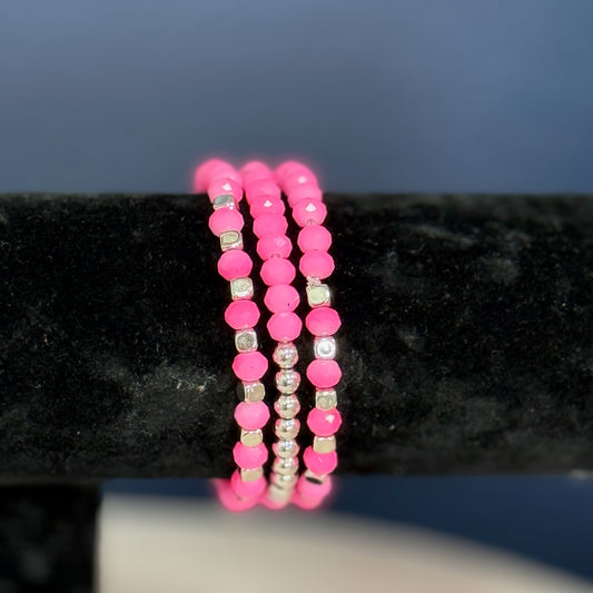 Set of 3 Pink and Silver bead bracelet