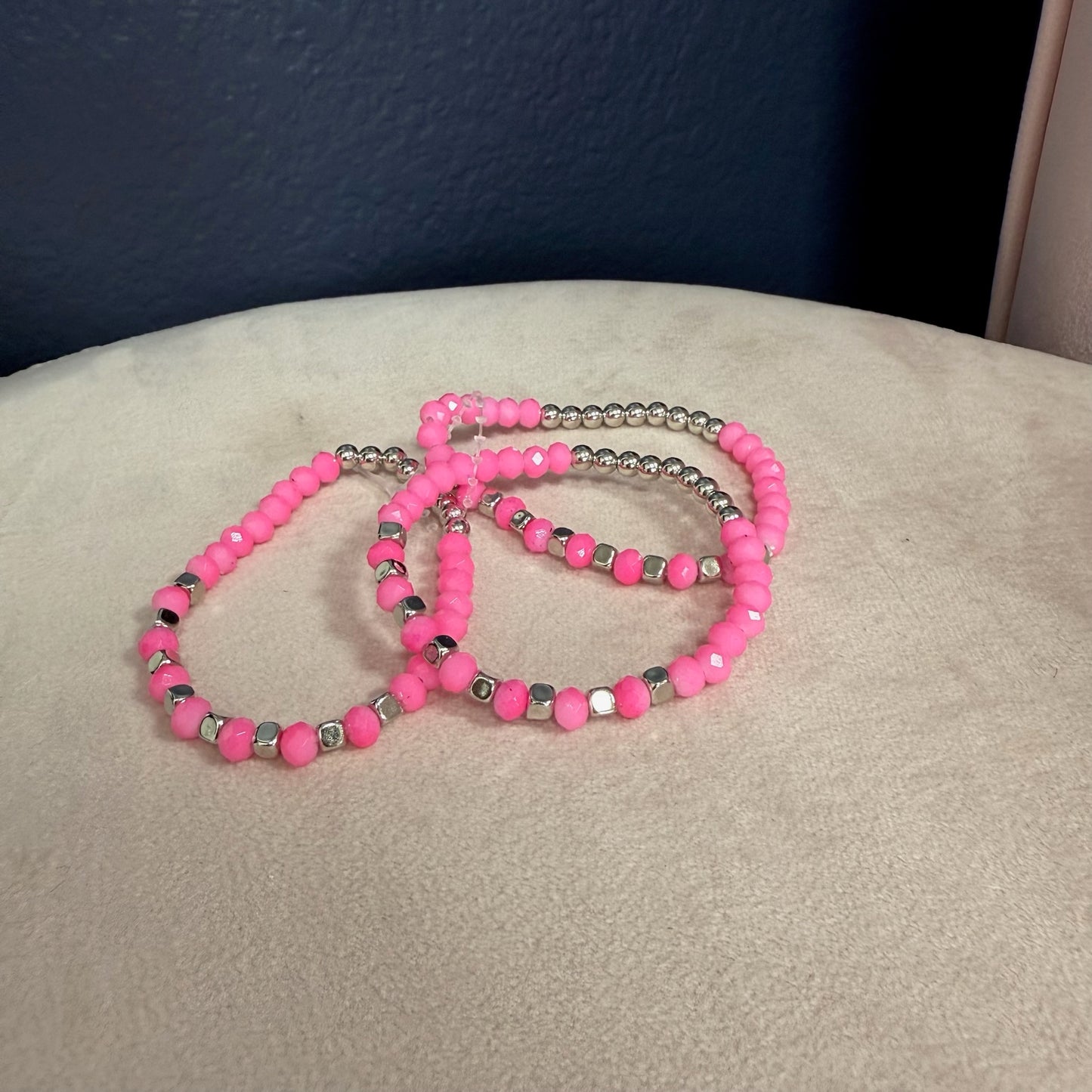 Set of 3 Pink and Silver bead bracelet