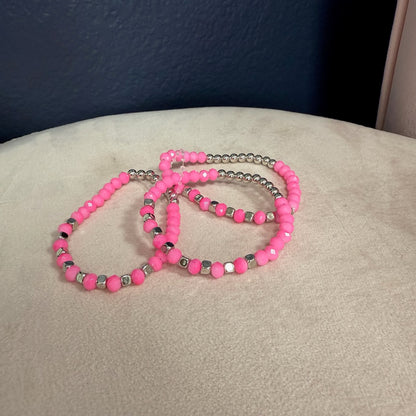 Set of 3 Pink and Silver bead bracelet