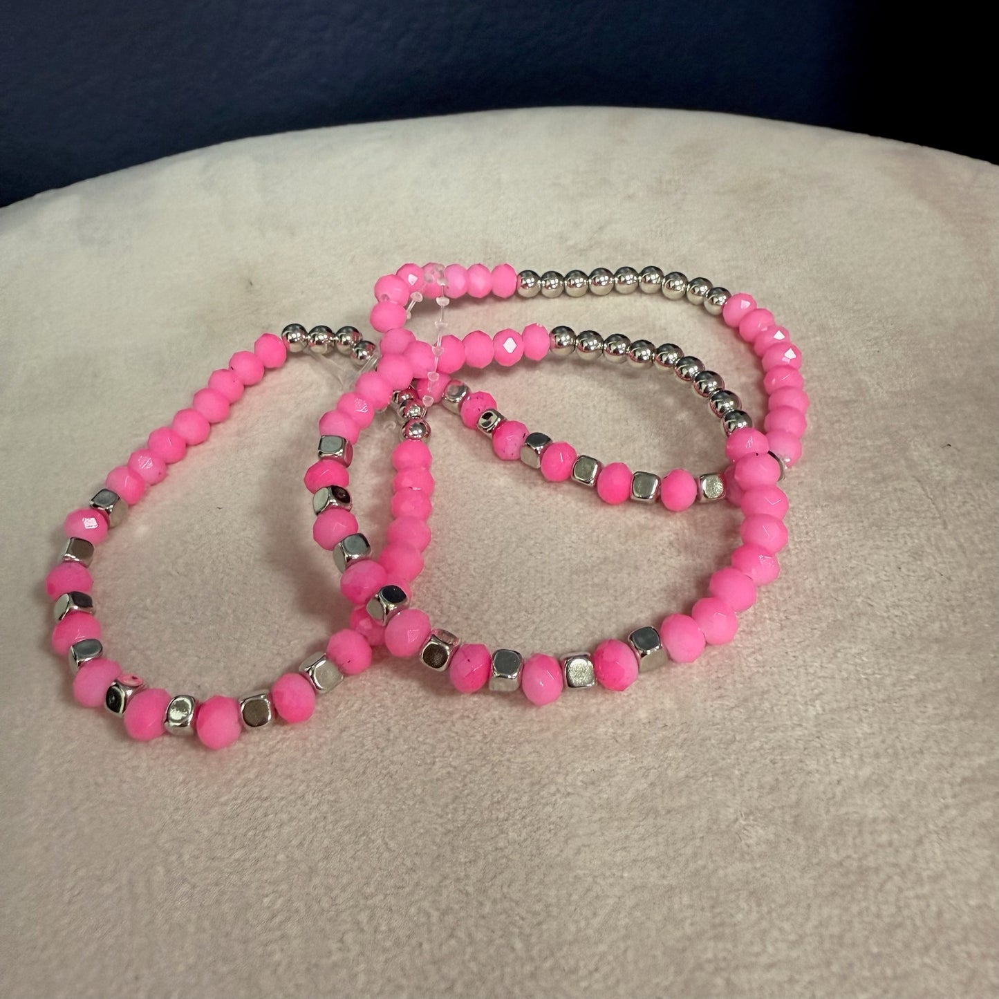 Set of 3 Pink and Silver bead bracelet
