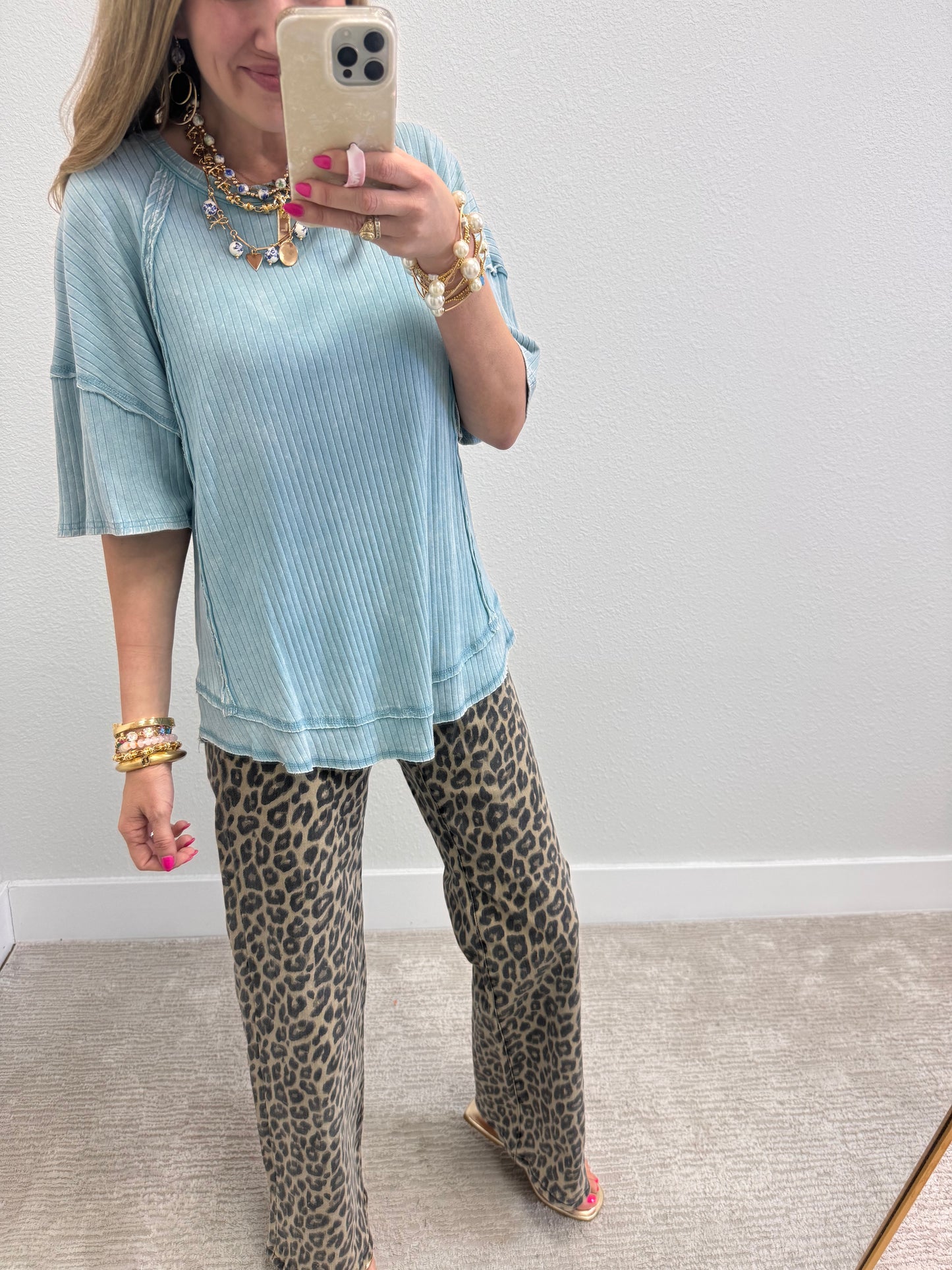 Light Blue Mineral Washed Ribbed Knit Top