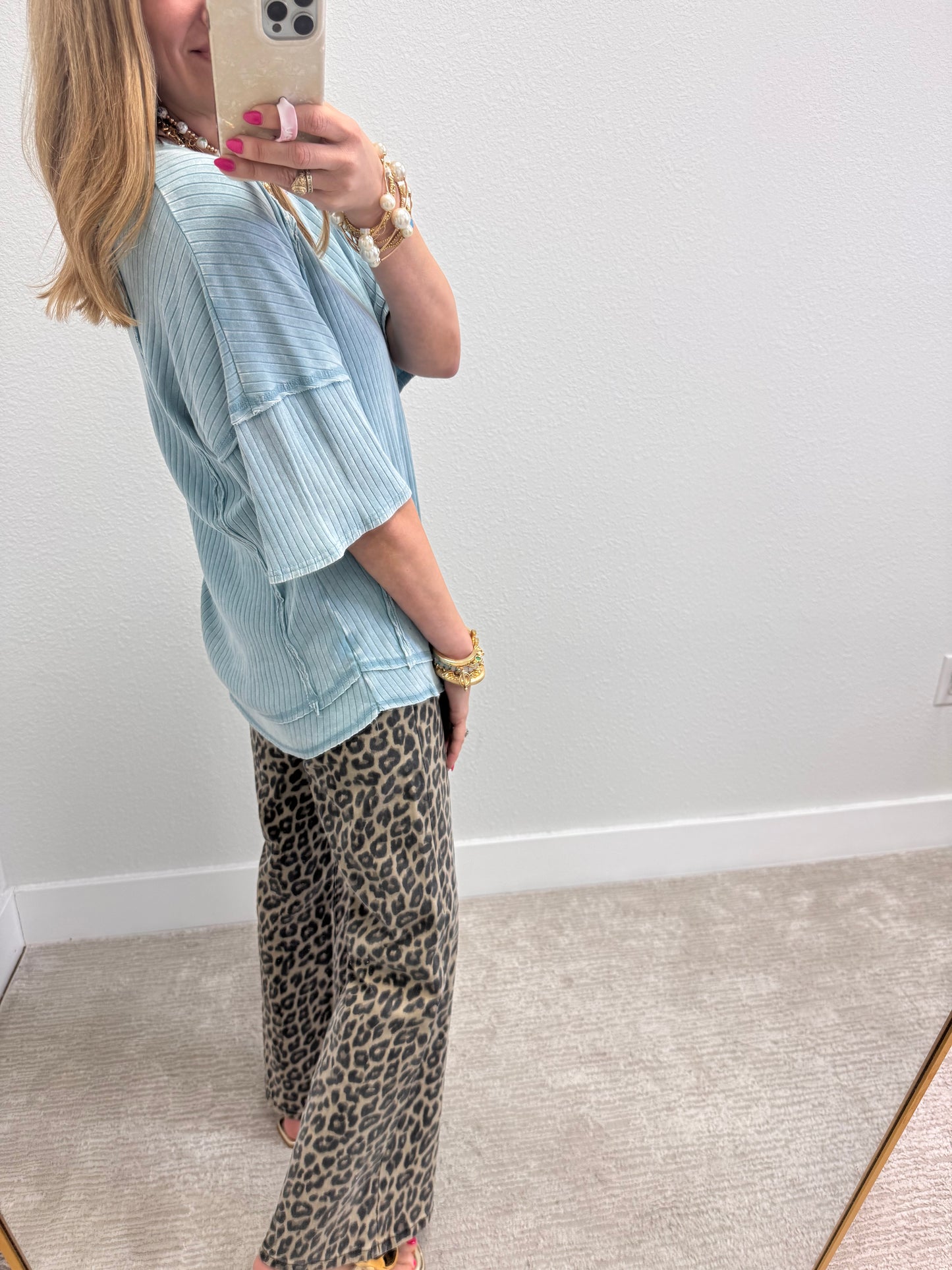 Light Blue Mineral Washed Ribbed Knit Top