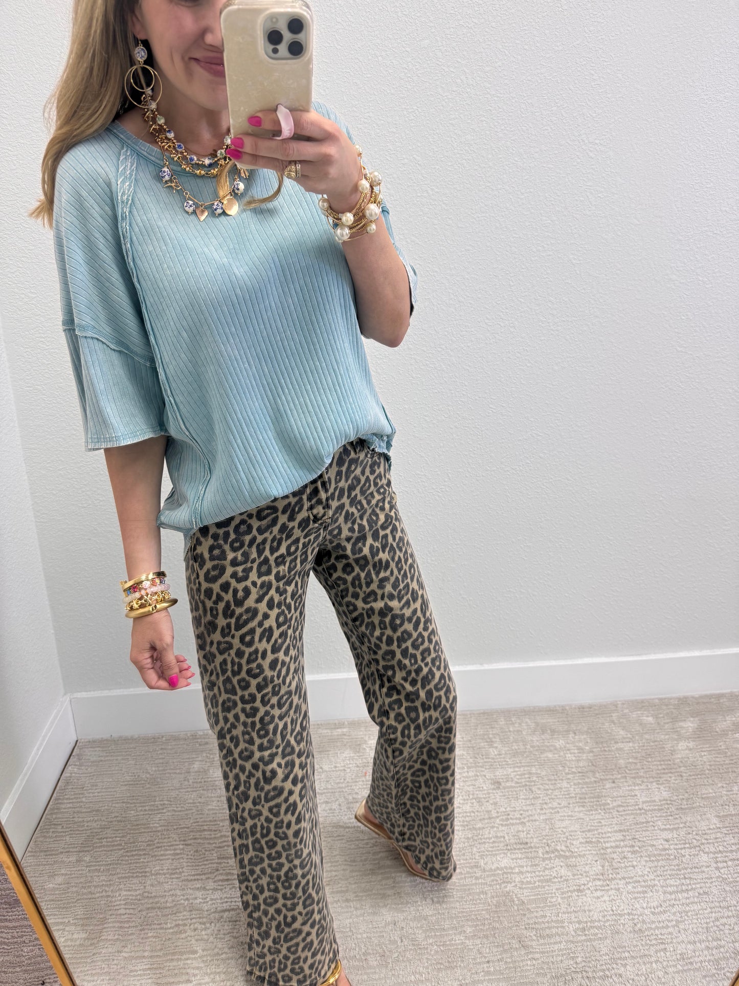 Light Blue Mineral Washed Ribbed Knit Top